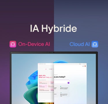 Une image à écran divisé présentant « gram AI » avec deux modes distincts : « gram chat On-Device » à gauche, représenté par une icône rose, et « gram chat Cloud » à droite, représenté par une icône bleue. L’écran affiche une interface IA qui symbolise une fonctionnalité IA fluide dans les deux modes.