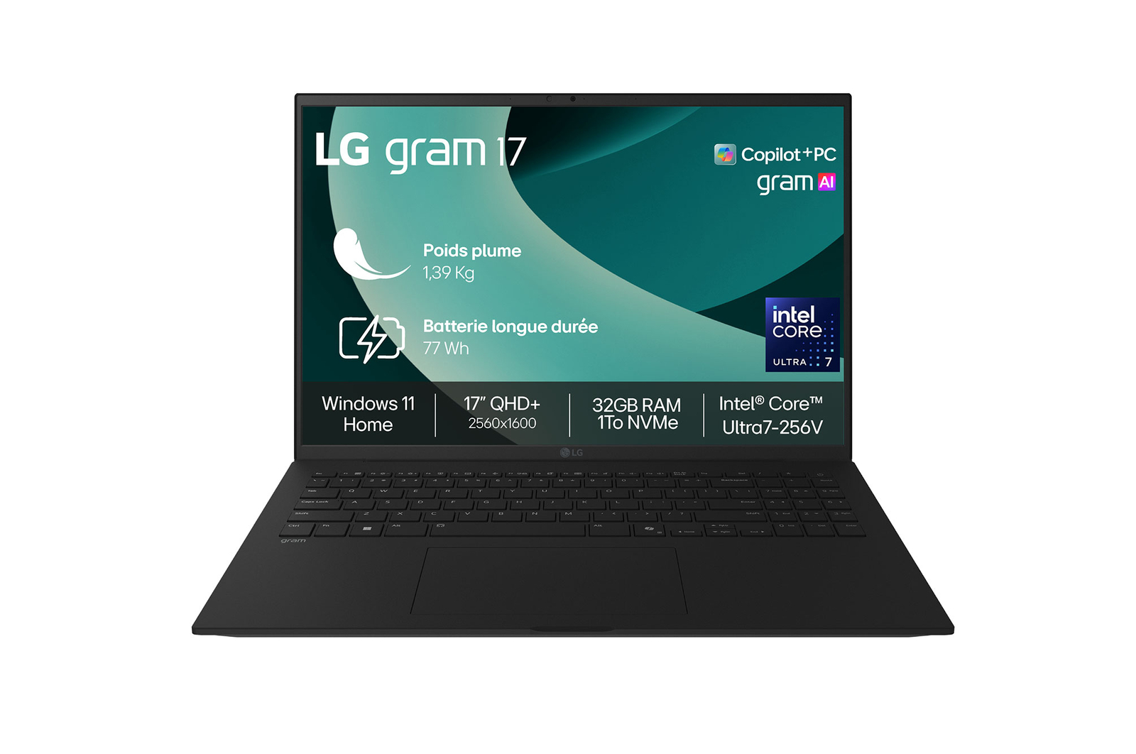 Vue avant de LG gram 17" Copilot+ PC | Windows 11 Home | Intel® Core™ Ultra 7 | 32Go | 1To LG 17Z90TL-G.AU88F