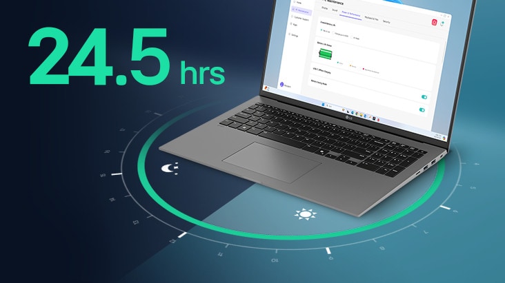 Un ordinateur portable affichant une interface d’utilisation de batterie à l’écran, entourée d’une représentation visuelle circulaire du temps. Le texte « 24,5 heures » est bien visible, mettant en évidence une meilleure autonomie.
