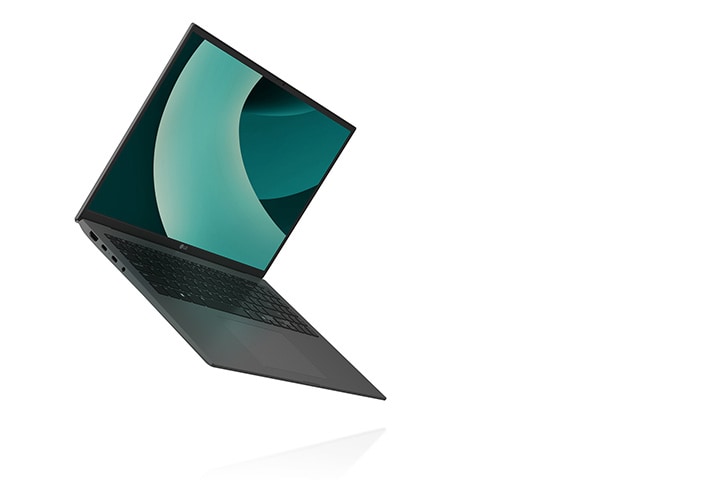 L’image présente un ordinateur portable LG Gram, mis en valeur pour son design ultraléger, avec le logo « LG Gram AI » à droite.