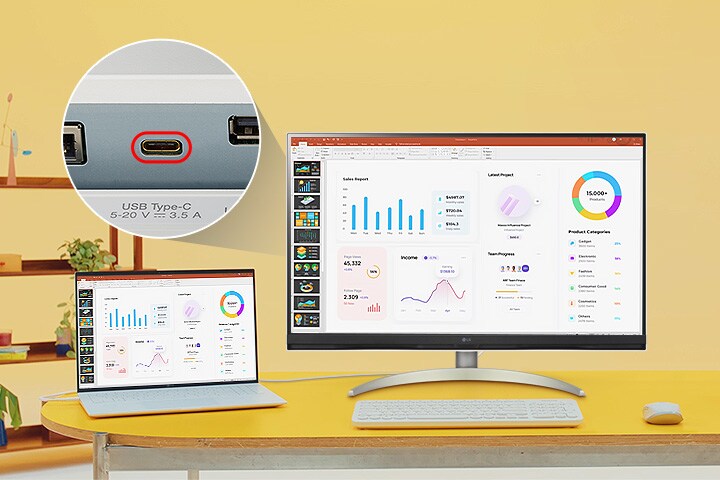 Les ports USB Type-C™ permettent l’affichage 4K, le transfert de données et le chargement d’appareils connectés (jusqu’à 65 W), le tout avec un seul câble.
