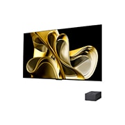 Vue latérale légèrement inclinée vers la gauche de la LG OLED M3 sur le mur avec le boîtier Zero Connect Box en dessous