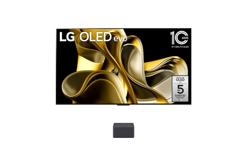 Vue de face avec LG OLED M3 et Zero Connect Box en dessous, l'emblème OLED 10 ans numéro 1 mondial, LG OLED evo, et le logo de la garantie de 5 ans sur l'écran.