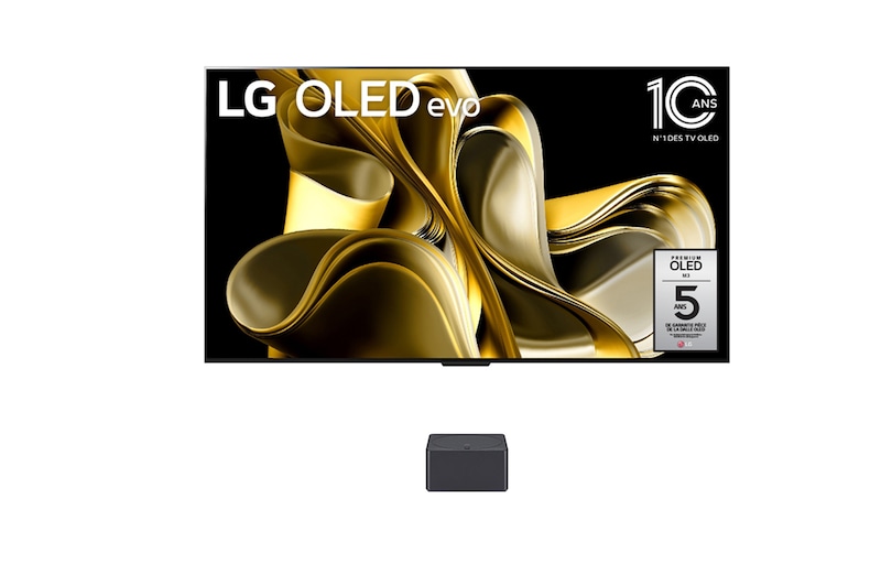 Vue de face avec LG OLED M3 et Zero Connect Box en dessous, l'emblème OLED 10 ans numéro 1 mondial, LG OLED evo, et le logo de la garantie de 5 ans sur l'écran.