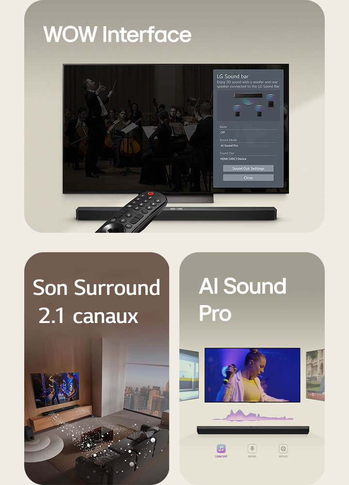 La télécommande LG pointe en direction d’une LG TV positionnée au-dessus d’une LG Soundbar. La LG TV affiche le menu de l’Interface WOW à l’écran. La LG Soundbar, la LG TV et le caisson de basse sont disposés dans un salon affichant à l’écran l’image d’une performance musicale. Deux branches d'ondes sonores blanches composées de gouttelettes projetées de la barre de son et d’un caisson de basse créent un effet sonore à partir du bas. La LG Soundbar surmontée de trois écrans TV différents. Le premier diffuse un film, le deuxième un concert et le dernier diffuse un journal télévisé. Sous la barre de son, trois icônes indiquent chaque genre.