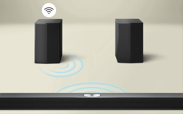 Haut-parleurs arrière et boîtier de connectivité sans fil face à une barre de son LG, avec des courbes bleues illustrant la connectivité entre le boîtier et la barre de son. Un symbole de connectivité noir et blanc se trouve au-dessus du boîtier de connectivité sans fil. Le boîtier disparaît ensuite et les courbes bleues illustrant la connectivité rebondissent entre le haut-parleur arrière gauche et la barre de son. Le symbole de connectivité noir et blanc se trouve maintenant au-dessus du haut-parleur arrière.