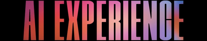 Texte qui dit « EXPÉRIENCE IA » en lettres capitales et en gras avec un dégradé de couleurs allant du rose à l’orange sur la gauche à du violet et du bleu la droite, sur un fond noir.