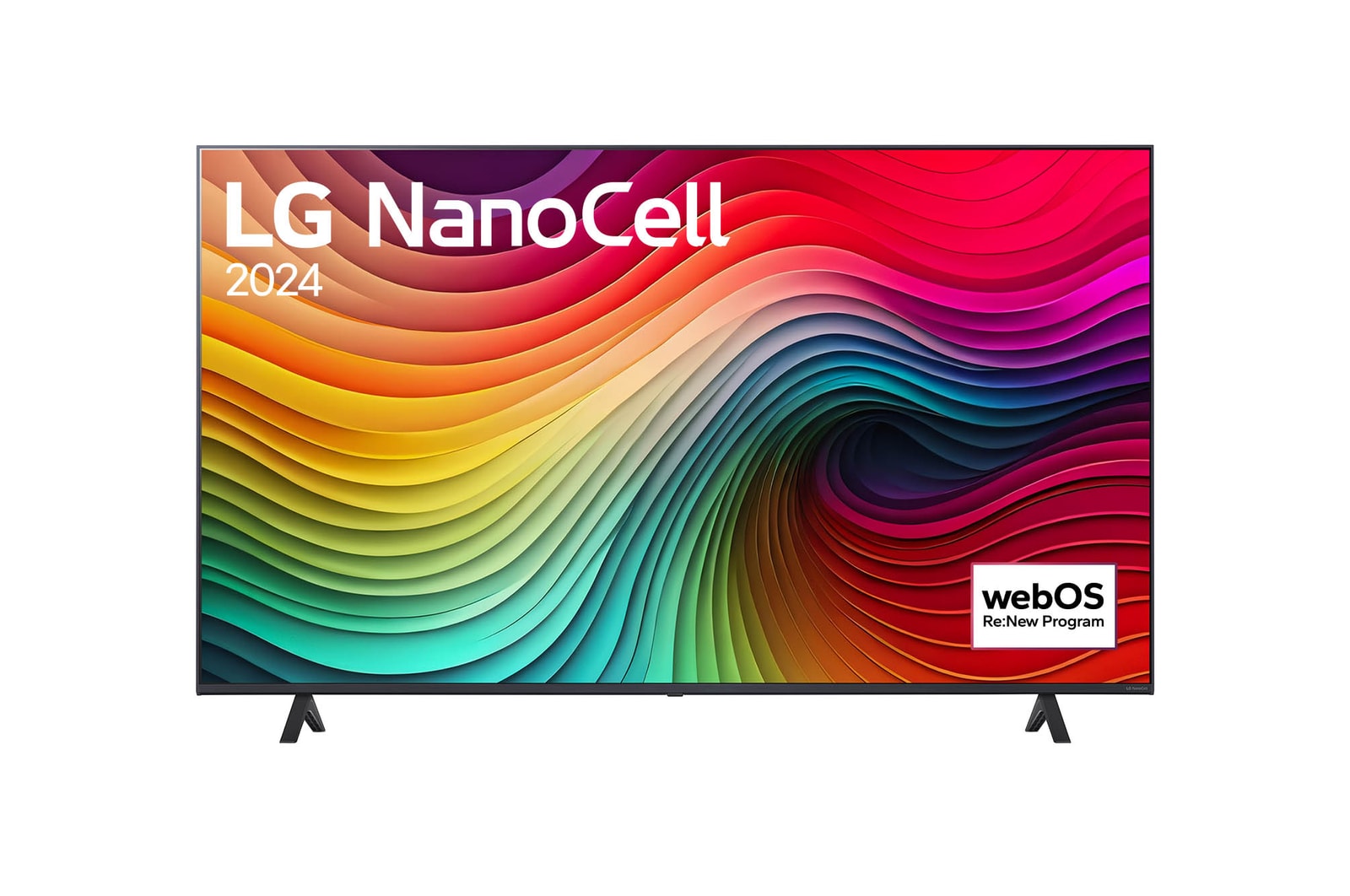 Vue de face du TV LG NanoCell, NANO81 avec le texte LG NanoCell, 2024 et le logo webOS Re:New Program à l’écran.