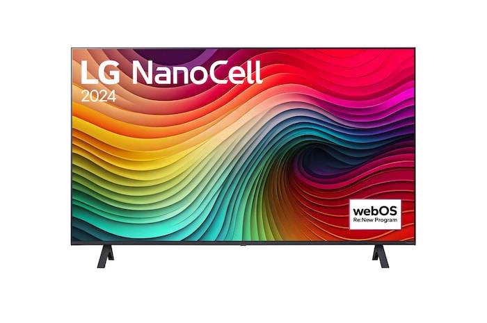 Vue de face du TV LG NanoCell, NANO81 avec le texte LG NanoCell, 2024 et le logo webOS Re:New Program à l’écran.