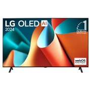 Téléviseur OLED LG, OLED ai B4E, badge OLED n°1 mondial depuis 11 ans et WebOS Re: vue de face du nouveau logo du programme avec support 2 pôles sur l’écran