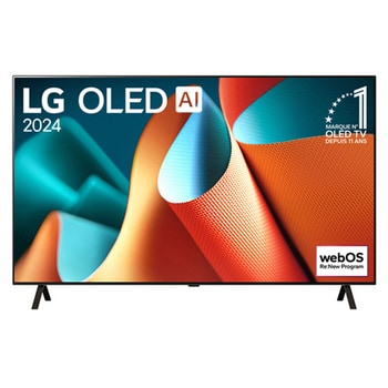 Téléviseur OLED LG, OLED ai B4E, badge OLED n°1 mondial depuis 11 ans et WebOS Re: vue de face du nouveau logo du programme avec support 2 pôles sur l’écran