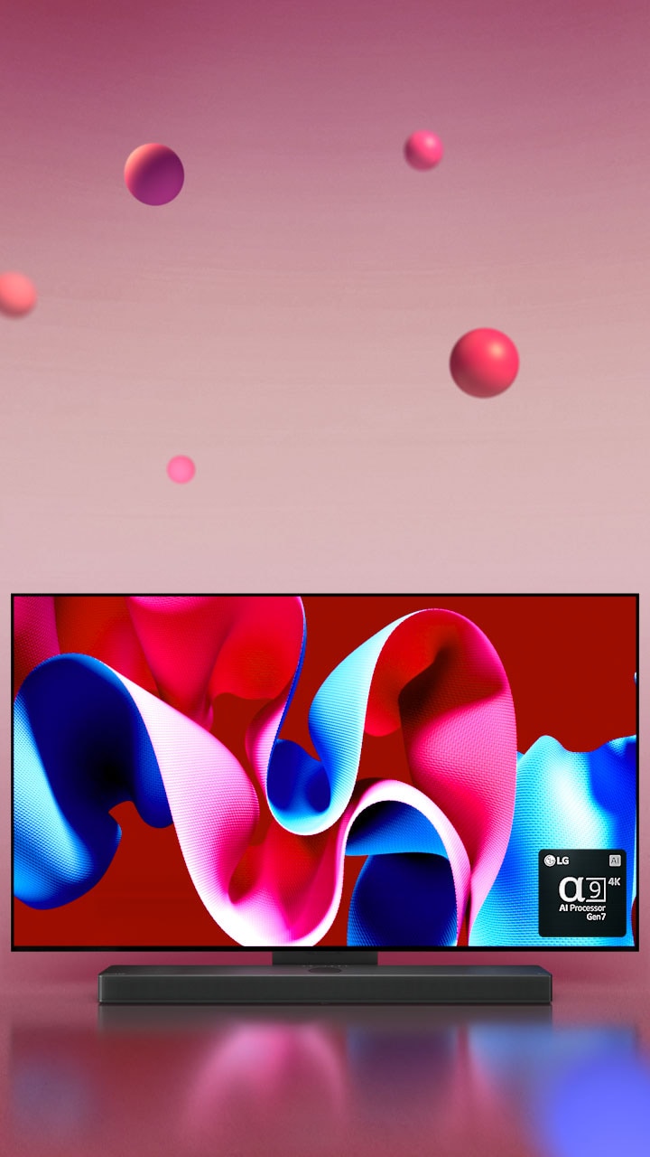 Le LG OLED C4 tourné à 45 degrés vers la droite, avec à l’écran une œuvre d’art abstraite rose et bleue, sur une toile de fond rose avec des sphères en 3D. La TV OLED pivote pour apparaître de face. En bas à droite, on voit un logo du processeur LG alpha 9 AI Gen 7.