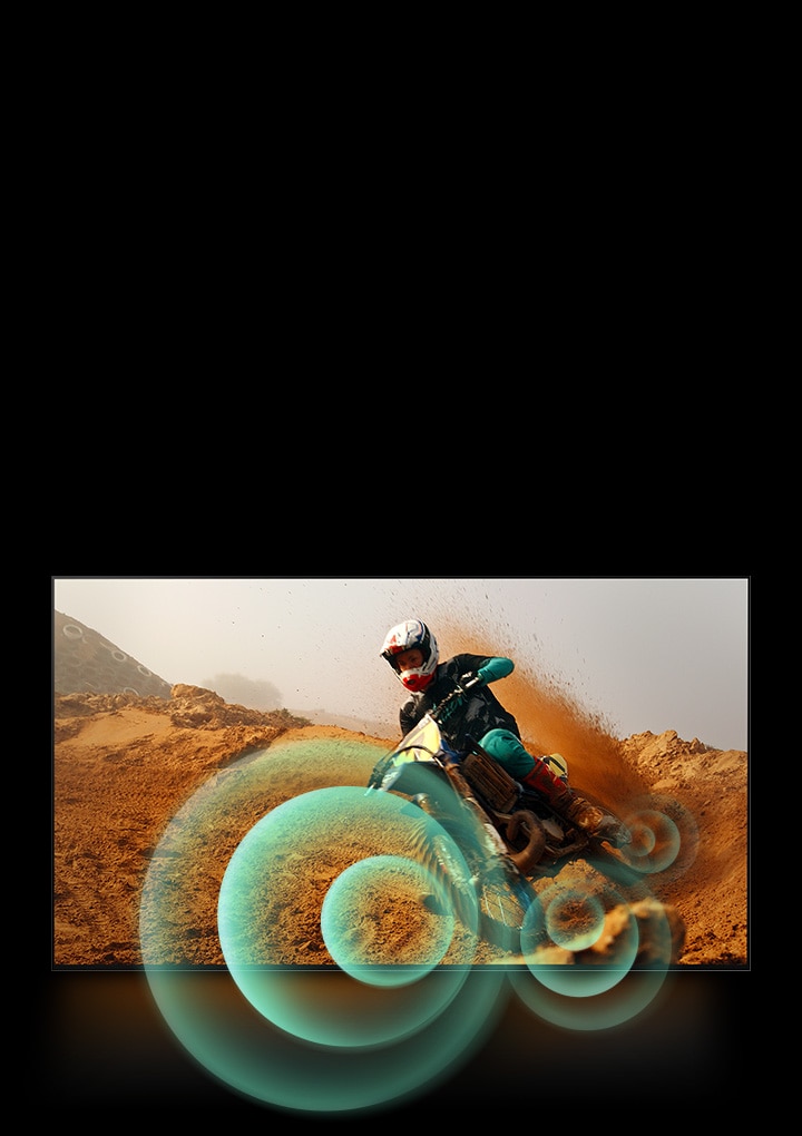 Un homme sur une moto roulant sur un chemin de terre, avec des graphiques circulaires brillants autour de la moto.