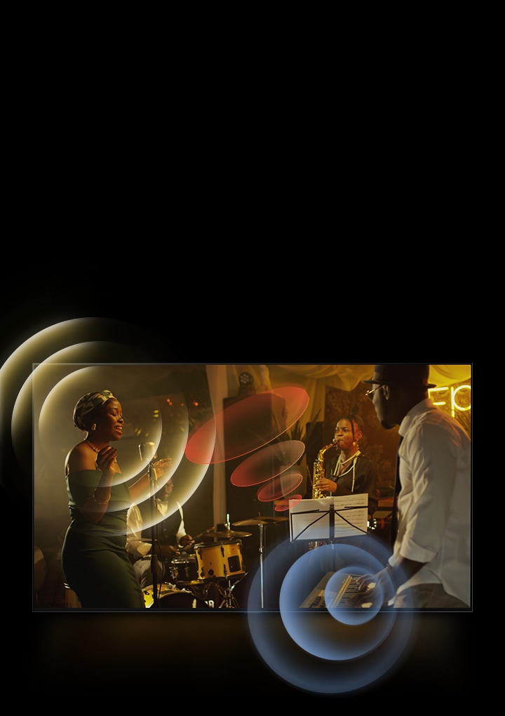 Un TV LG OLED montre des musiciens en train de jouer, avec des graphiques circulaires brillants autour des micros et des instruments.