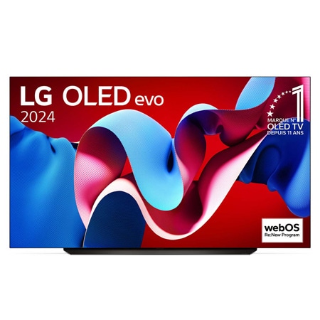 Vue de face avec la TV OLED evo LG, OLED C4, emblème OLED numéro 1 dans le monde pendant 11 ans et logo du programme webOS Re:New à l’écran.