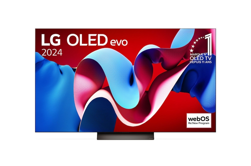 Vue de face de la TV OLED evo LG, OLED C4, logo de l’emblème OLED numéro 1 dans le monde pendant 11 ans et logo du programme webOS Re:New à l’écran.