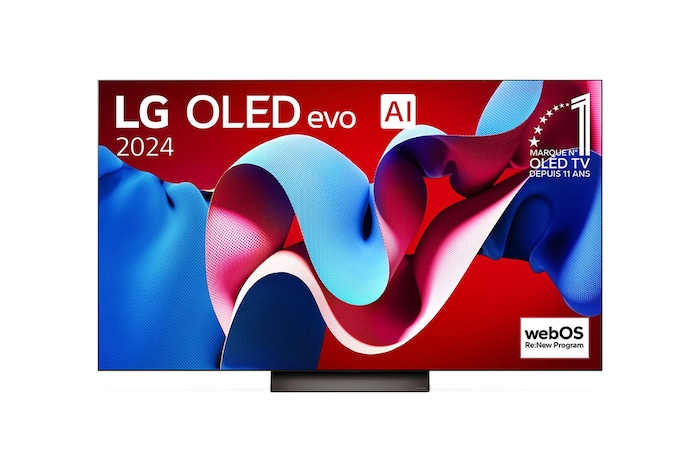 Vue de face de la TV OLED evo LG, OLED C4, logo de l’emblème OLED numéro 1 dans le monde pendant 11 ans et logo du programme webOS Re:New à l’écran.