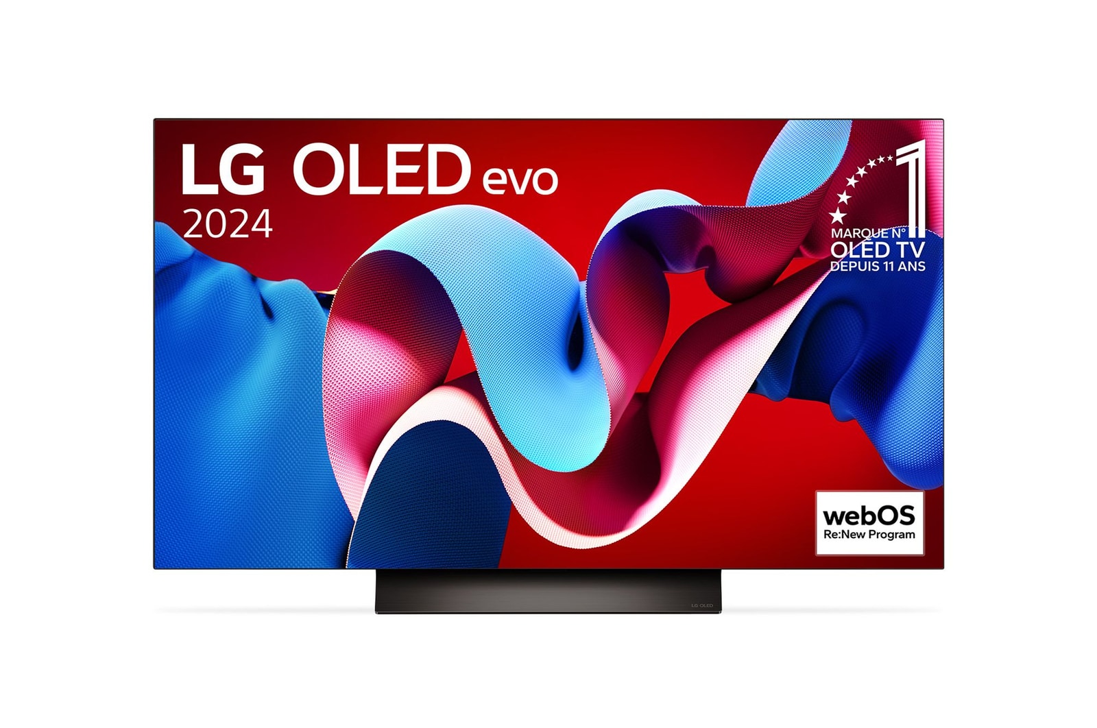 Vue de face avec la TV OLED evo LG, OLED C4, emblème OLED numéro 1 dans le monde pendant 11 ans et logo du programme webOS Re:New à l’écran.