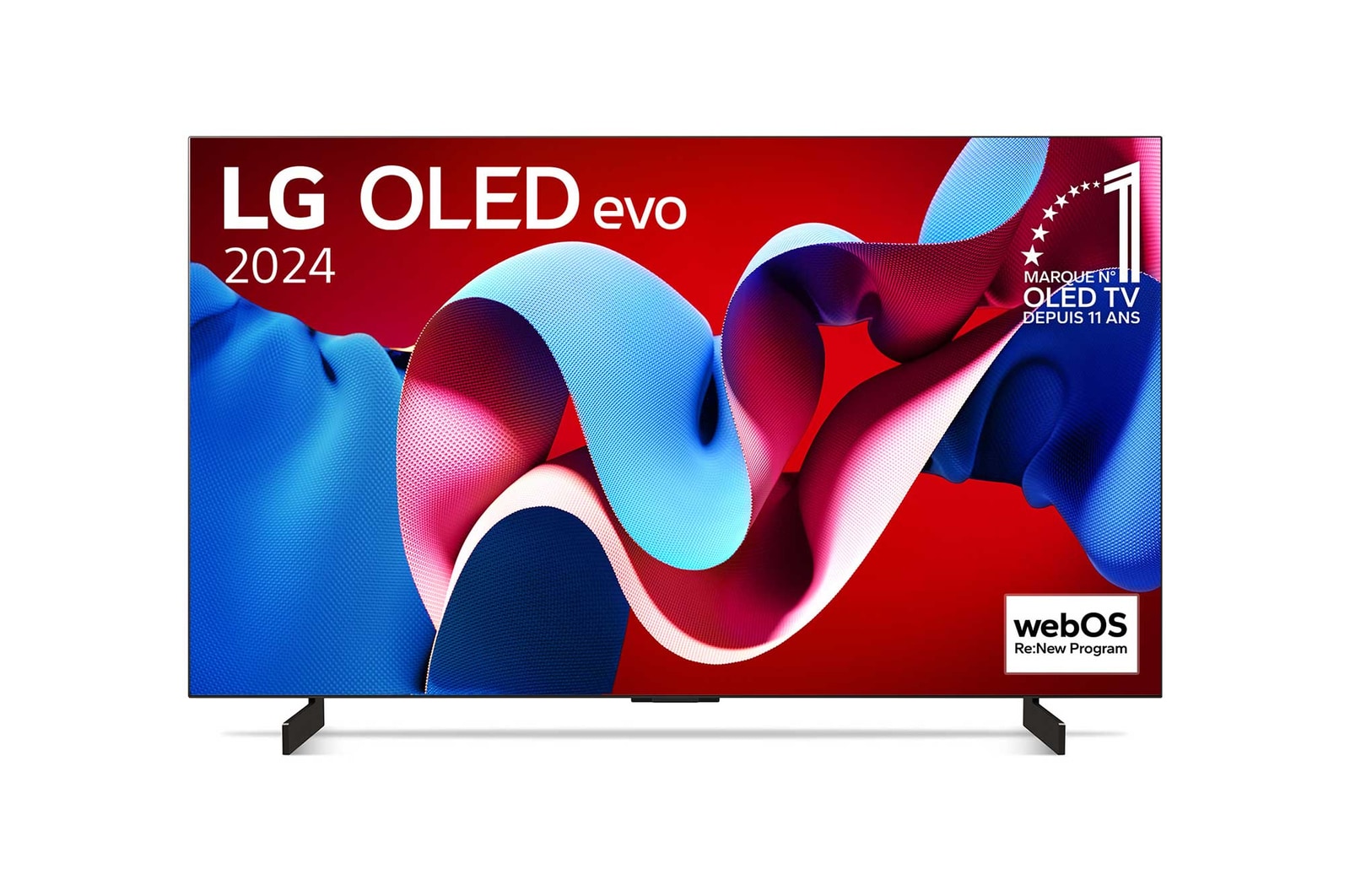 Vue de face avec la TV OLED evo LG, OLED C4, emblème OLED numéro 1 dans le monde pendant 11 ans et logo du programme webOS Re:New à l’écran.