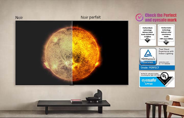 LG OLED TV montrant une comparaison visuelle entre un écran avec Couleur et Noir parfaits et un écran sans. Les certifications UL, TÜV et eyesafe sont visibles avec un texte invitant à vérifier les marques.