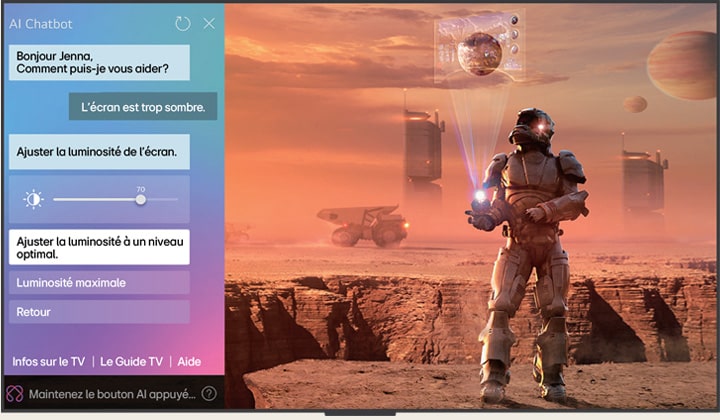 Le contenu de science-fiction est diffusé sur un écran de LG OLED TV. Sur le côté gauche de l’écran se trouve l’interface AI Chatbot. L’utilisateur envoie un message au chatbot indiquant que l’écran est trop sombre et que le chatbot propose des solutions à la demande.