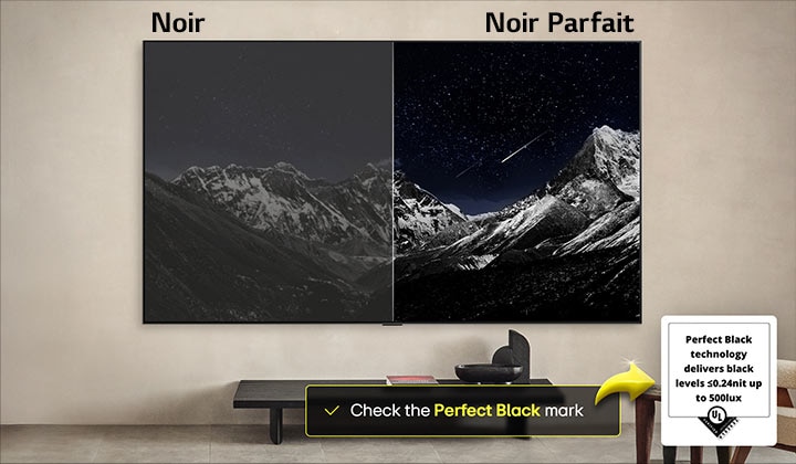 Espace salon avec une LG OLED TV à fixation murale. Sur la TV se trouve une chaîne de montagnes face à un ciel sombre et nocturne rempli d’étoiles. Cette scène est divisée en deux. Un côté montre une version plus terne et plus grise du paysage étiquetée, avec écrit "Noir" . De l’autre côté se trouve une image plus agréable avec une gamme dynamique élargie de noirs et de blancs. L’écran est étiqueté Noir Absolu.. La certification du logo est également visible, la technologie Noir Absolu offre des niveaux de noir inférieurs ou égaux à 0,24 nit et jusqu’à 500 lux. 
