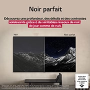 Salon avec un téléviseur LG OLED fixé au mur. Le téléviseur montre une chaîne de montagnes sur fond de ciel sombre et étoilé. Cette scène est divisée en deux parties. Un côté montre une version plus terne et plus grise du paysage étiqueté Non Perfect Black. De l'autre côté, l'image est plus agréable, avec une gamme dynamique plus large de tons noirs et blancs. Il s'agit de l'affichage « Perfect Black ». Également certifiée par le logo, la technologie Perfect Black offre des niveaux de noir inférieurs ou égaux à 0,24 nit jusqu'à 500 lux.
