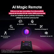 Télécommande AI Magic Remote LG au premier plan. L’icône du bouton IA est mise en évidence. En arrière-plan, se trouve l’interface utilisateur webOS de LG. Le curseur de la souris indique que la télécommande est utilisée. Le texte explique comment les fonctions et contrôles de la télécommande facilitent la navigation sur webOS. 