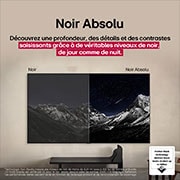 Espace salon avec une LG OLED TV à fixation murale. Sur la TV se trouve une chaîne de montagnes face à un ciel sombre et nocturne rempli d’étoiles. Cette scène est divisée en deux. Un côté montre une version plus terne et plus grise du paysage étiquetée, écran sans Noir parfait. De l’autre côté se trouve une image plus agréable avec une gamme dynamique élargie de noirs et de blancs. L’écran est étiqueté Noir parfait. La certification du logo est également visible, la technologie Noir parfait offre des niveaux de noir inférieurs ou égaux à 0,24 nit et jusqu’à 500 lux. 