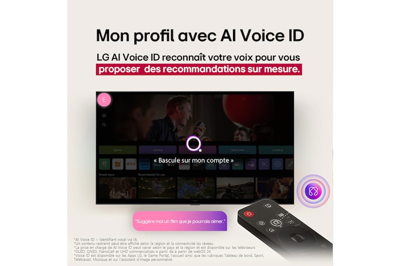 Sur un écran de LG OLED TV, se trouve la page d’accueil webOS 25 remplie d’applications et de contenu de divertissement. La TV est équipée de la télécommande AI Magic Remote LG, le bouton IA est mis en évidence comme s’il était activé par la voix de l’utilisateur. Une bulle de texte se trouve à côté, passant à mon compte. Le texte court explique comment les utilisateurs peuvent désormais synchroniser leur voix à leur profil personnel pour profiter d’une navigation plus facile et de recommandations personnalisées.