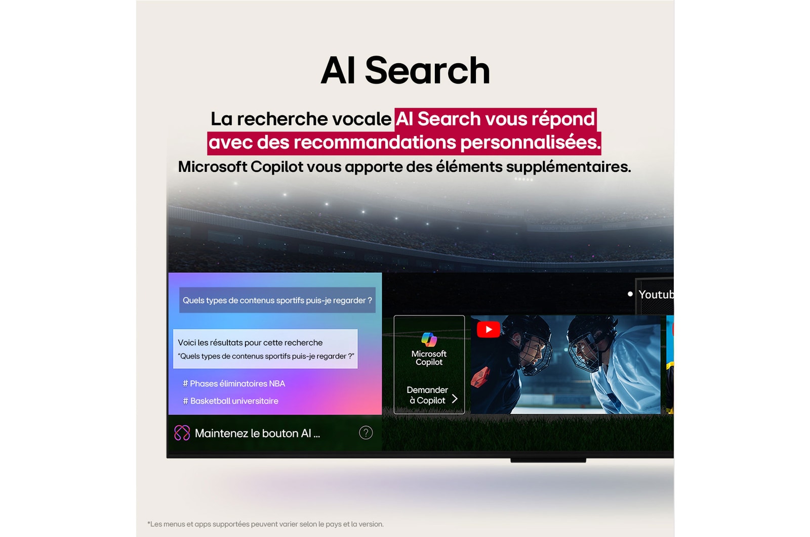 Sur un écran de LG OLED TV, se trouve la page d’accueil webOS 25 remplie d’applications et de contenu de divertissement. La TV est équipée de la télécommande AI Magic Remote LG, le bouton IA est mis en évidence comme s’il était activé par la voix de l’utilisateur. Une bulle de texte se trouve à côté, passant à mon compte. Le texte court explique comment les utilisateurs peuvent désormais synchroniser leur voix à leur profil personnel pour profiter d’une navigation plus facile et de recommandations personnalisées.