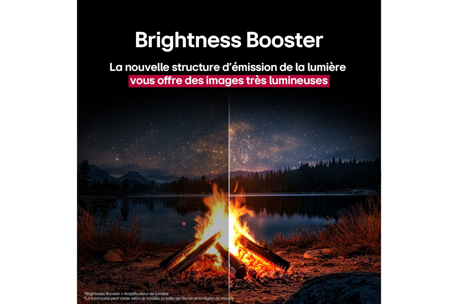 Feu de camp la nuit en plein milieu de la nature. Au loin se trouve une forêt et un lac. Le ciel nocturne est rempli d’étoiles. Toute la scène est divisée en deux. Un côté est plus sombre et plus terne. L’autre moitié est remarquablement plus lumineuse, mettant en valeur l’éclat impressionnant de l’amplificateur de luminosité. 