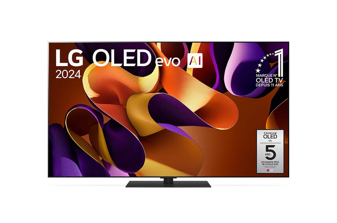Vue de face avec la TV OLED evo LG, OLED G4, emblème OLED numéro 1 dans le monde pendant 11 ans et logo de la garantie de panneau de 5 ans à l’écran.