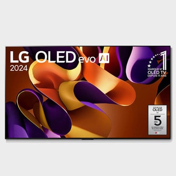Vue de face avec LG OLED evo G4, OLED77G45LW, numéro 1 OLED au monde depuis 11 ans, avec garantie de panneau de 5 ans à l'écran, avec barre de son en dessous.