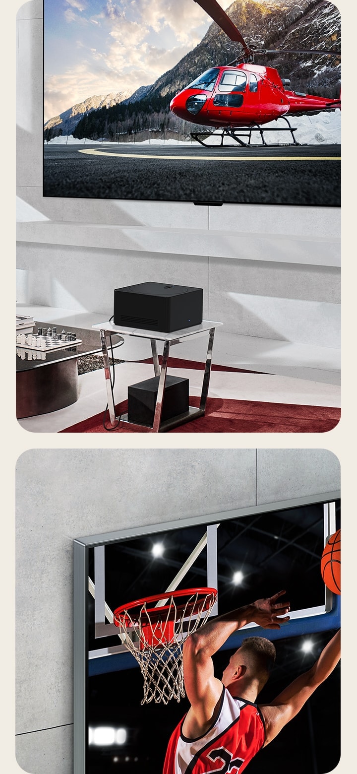 Sur la gauche, un LG OLED evo M4 en gros plan avec une perspective en angle, à plat contre un mur en marbre montrant comment il se fond dans le mur. Sur la droite, un LG OLED evo M4 fixé à plat sur un mur et un boîtier Zero Connect placé en face avec des périphériques soigneusement glissés en-dessous.