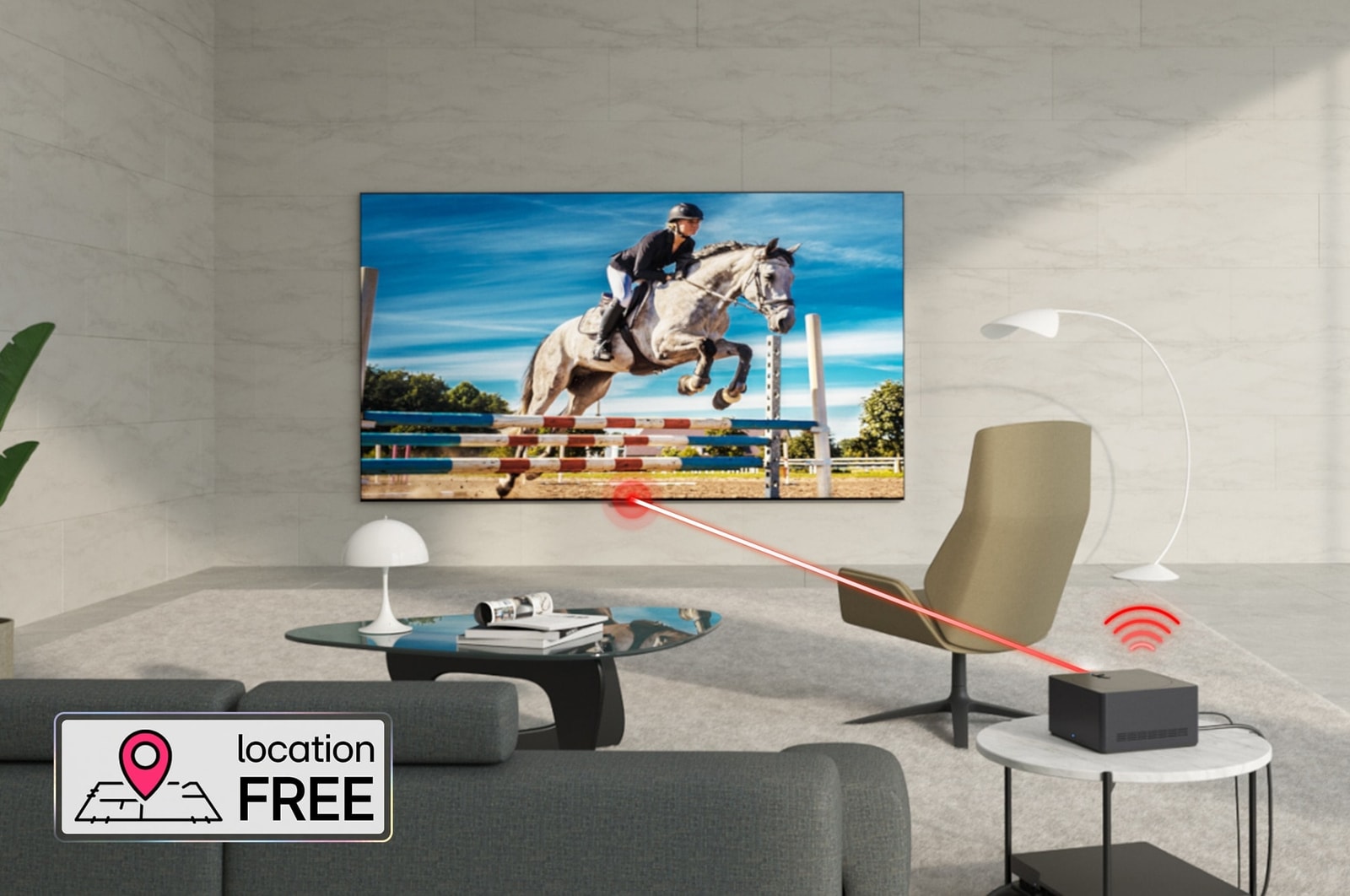Une LG OLED evo M4 fixée sur un mur en marbre dans un salon moderne et lumineux. Un boîtier Zero Connect sur une table derrière un autre meuble, et un signal WiFi rouge et un faisceau de lumière rouge émettant en direction de la TV. Les mots « Positionnement libre » apparaissent dans le coin en bas à gauche.