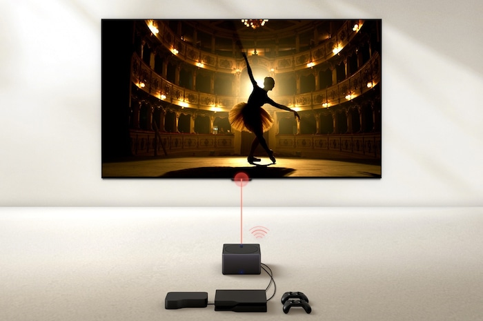 Un boîtier Zero Connect en face d’une LG OLED evo M4, avec un signal WiFi rouge et un faisceau de lumière rouge émettant en direction de la TV. Le téléviseur montre une ballerine dansant seule sur scène.