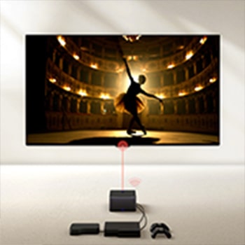 Un boîtier Zero Connect en face d’une LG OLED evo M4, avec un signal WiFi rouge et un faisceau de lumière rouge émettant en direction de la TV. Le téléviseur montre une ballerine dansant seule sur scène.