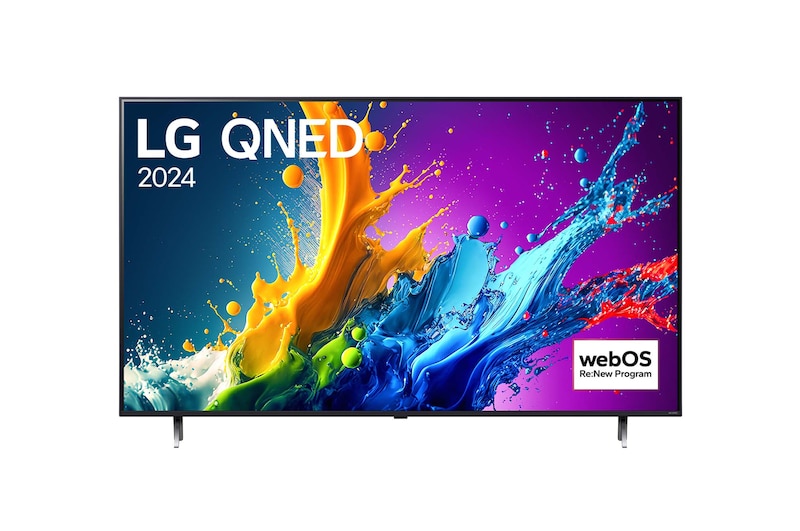 Vue de face du TV LG QNED, QNED80 avec le texte LG QNED, 2024 et le logo webOS Re:New Program à l’écran.