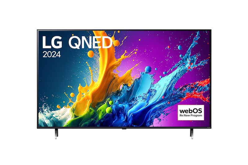 Vue de face du TV LG QNED, QNED80 avec le texte LG QNED, 2024 et le logo webOS Re:New Program à l’écran.