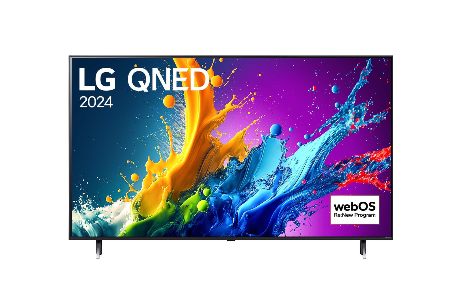 Vue de face du TV LG QNED, QNED80 avec le texte LG QNED, 2024 et le logo webOS Re:New Program à l’écran.