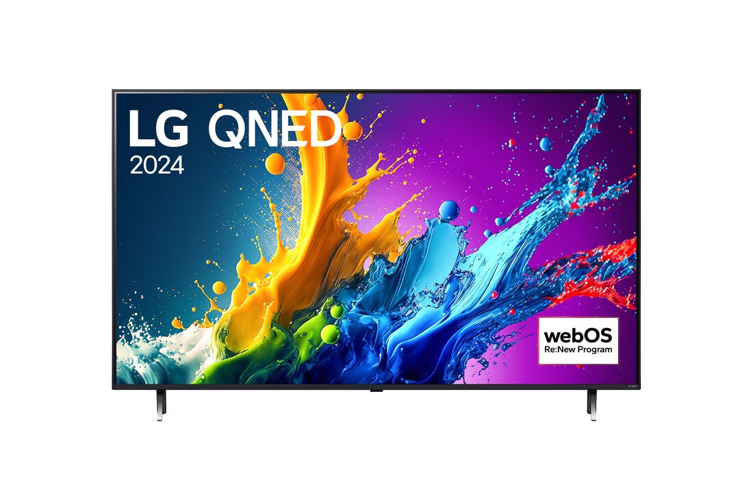 Vue de face du TV LG QNED, QNED80 avec le texte LG QNED, 2024 et le logo webOS Re:New Program à l’écran.