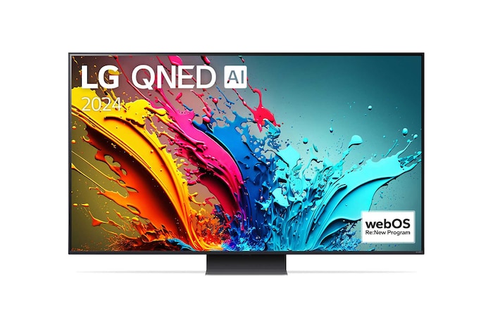 Vue de face du la TV LG QNED, QNED86 avec le texte LG QNED, 2024 et le logo webOS Re:New Program à l’écran.