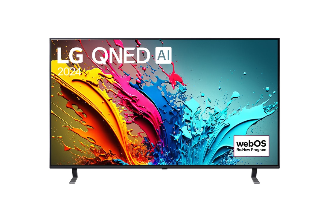 Vue de face du TV LG QNED, série QNED85 avec le texte LG QNED, 2024 et le logo webOS Re:New Program à l’écran.