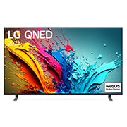 Vue de face du TV LG QNED, série QNED85 avec le texte LG QNED, 2024 et le logo webOS Re:New Program à l’écran.