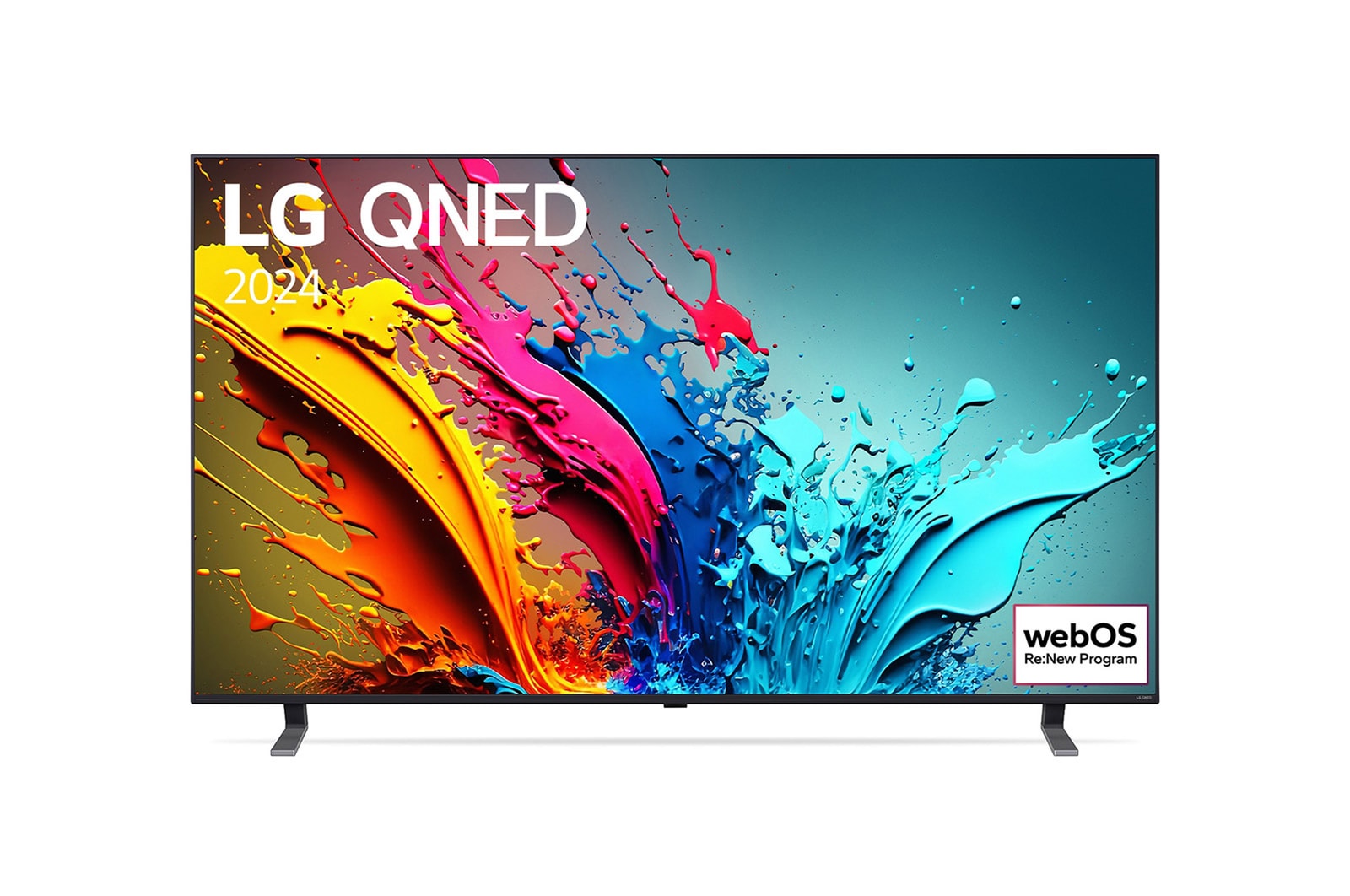 Vue de face du TV LG QNED, série QNED85 avec le texte LG QNED, 2024 et le logo webOS Re:New Program à l’écran.