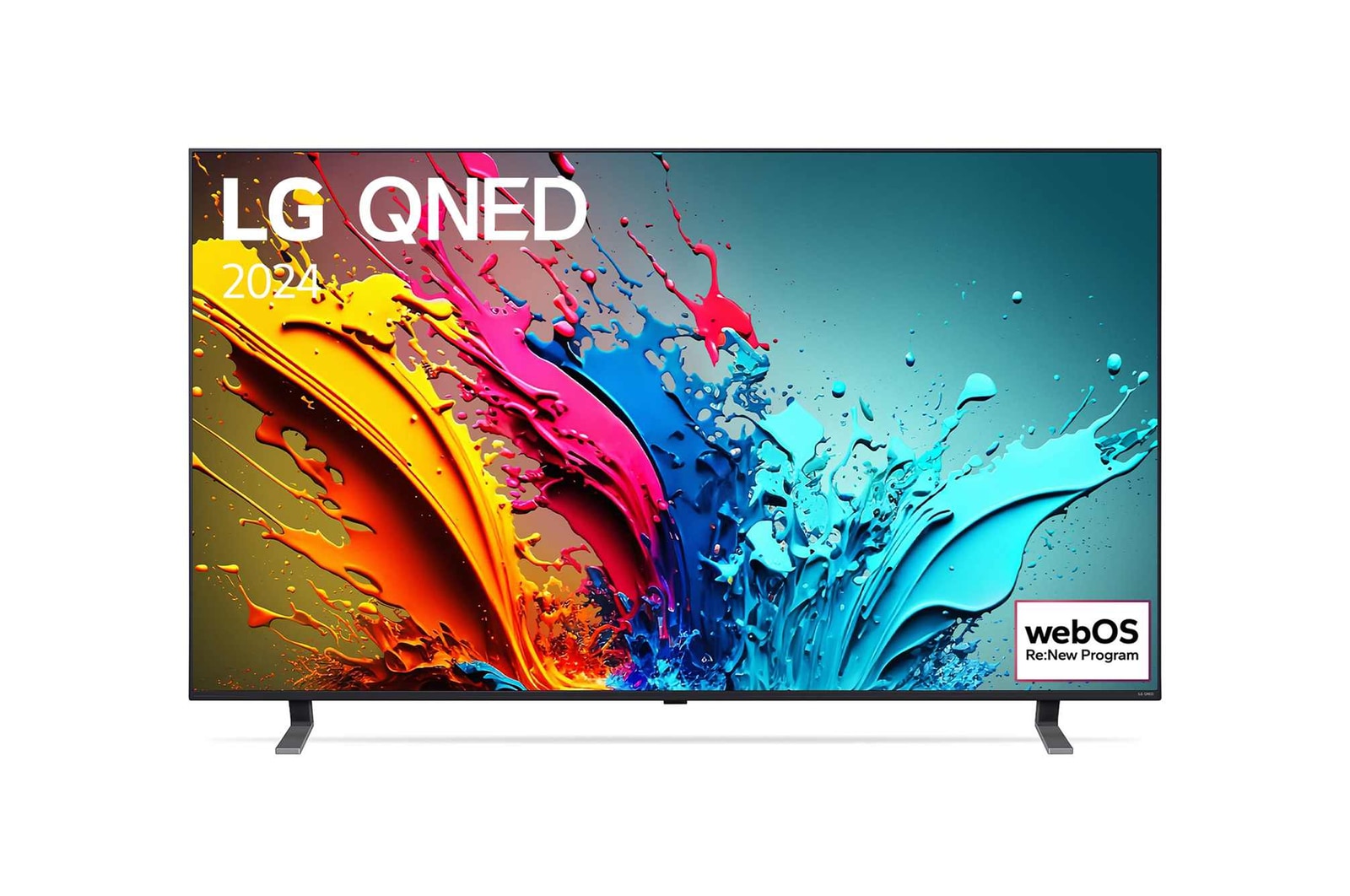 Vue de face du TV LG QNED, série QNED85 avec le texte LG QNED, 2024 et le logo webOS Re:New Program à l’écran.
