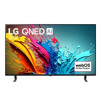 Vue de face du TV LG QNED, série QNED85 avec le texte LG QNED, 2024 et le logo webOS Re:New Program à l’écran.