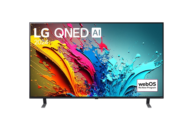 Vue de face du TV LG QNED, série QNED85 avec le texte LG QNED, 2024 et le logo webOS Re:New Program à l’écran.