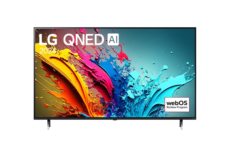 Vue de face du TV LG QNED, série QNED85 avec le texte LG QNED, 2024 et le logo webOS Re:New Program à l’écran.